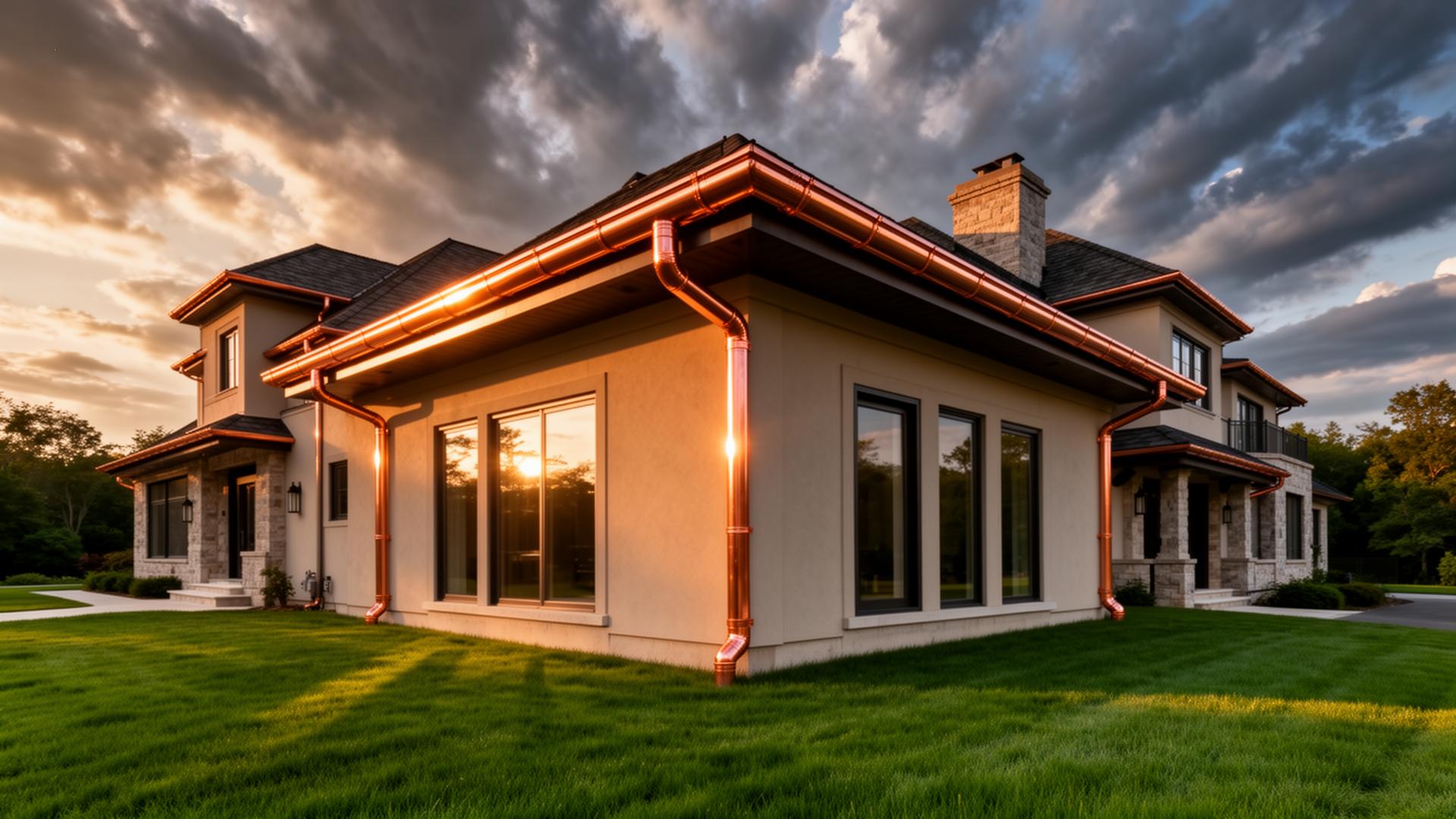 Luxury home with copper seamless gutters at sunset